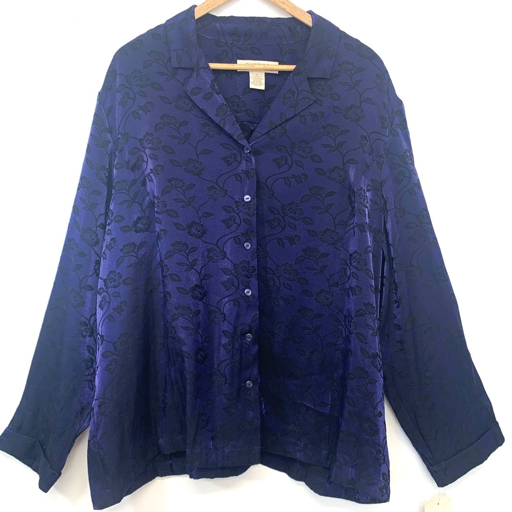 Clothes Woman Dark Purple Floral Button Up Blouse Long Sleeve Gothic New  2X